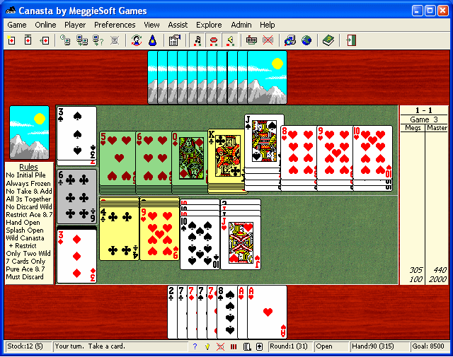 Play two-player Canasta against an online opponent or against your computer.