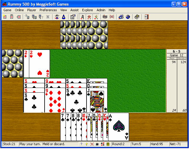 MeggieSoft Games Rummy 500 is a comprehensive implementation of the popular card game also known as 500 Rum. Play against an online opponent or against your computer with many customizable visual, audio, and game options.